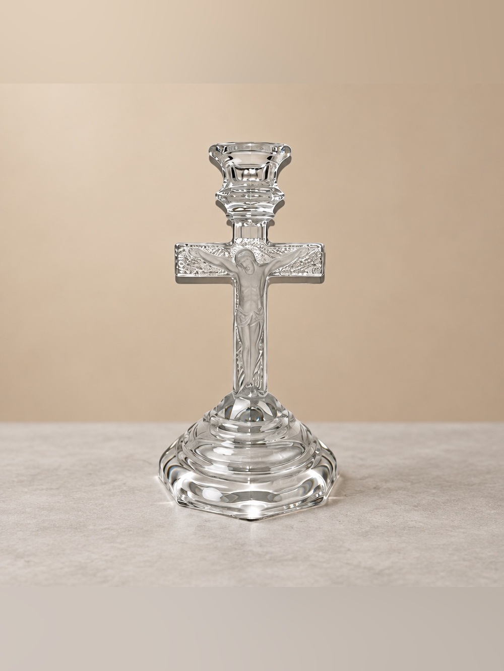 Vintage INRI Clear Glass Crucifix Jesus Christ Cross Candle Holder